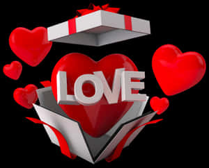 一個帶有 LOVE 字樣的紅色心形從打開的禮物盒中迸出，周圍漂浮著心形。 — 5:4 壁紙