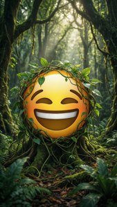 一個被藤蔓覆蓋的笑臉表情符號在陽光明媚的森林中。