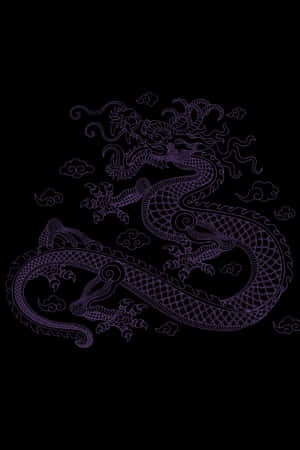一條紫色輪廓的龍，帶有雲朵，背景為黑色。 — 日式龍 壁紙