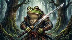 青蛙武士在迷霧森林中持刀