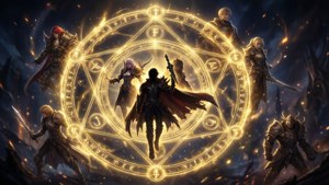 身穿盔甲的奇幻戰士包圍一個帶有符文的發光魔法圓圈。