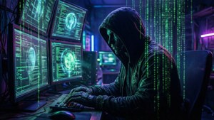 駭客在黑暗的房間裡，被發光的電腦螢幕和數位代碼包圍。