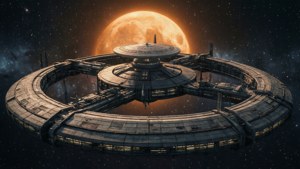 未來太空站環繞深空中一顆發光的橙色行星運行。