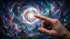 手伸向超現實外星景觀中一個發光的宇宙漩渦。
