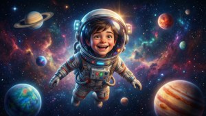 一個穿著太空衣微笑的孩子在色彩繽紛的行星和星星之間漂浮。