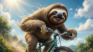 一隻開心的樹懶在陽光明媚的森林中踩腳踏車，風吹動牠的毛髮。