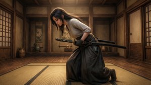 女武士在木造道場中腰佩刀鞠躬。