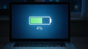 筆記型電腦顯示剩餘4%電量，帶有綠色指示燈。