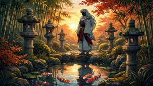 一個穿著傳統長袍的人在日落時分站在日本花園的錦鯉池旁。