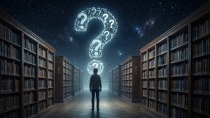 人站在圖書館走廊，看著星空中的發光問號。