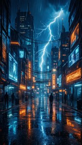 一個人在閃電下走過雨中的霓虹城市街道。