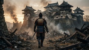 武士戰士在日落時分走向冒煙的廢墟城堡。