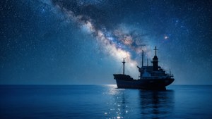 一艘船在星空下航行的輪廓，銀河在平靜的海洋上可見。