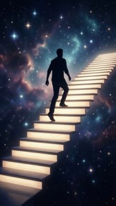 一個人在星光燦爛的宇宙背景下攀登發光的台階。