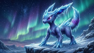 在白雪覆蓋的懸崖上，一隻發光的冰系寶可夢在多彩的北極光下。