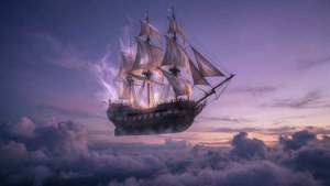 黃昏時分，一艘發光的帆船漂浮在雲層之上。