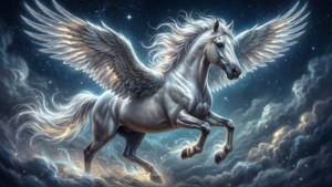 一匹白色飛馬在星光燦爛的夜空中奔馳，伴隨著發光的雲彩。
