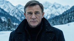 一個穿著黑色外套的男人站在雪景山脈中。