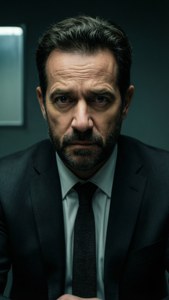 一個穿著深色西裝和領帶的嚴肅男人在昏暗的房間裡直視相機。
