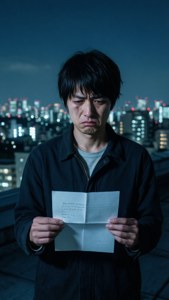 一個男人夜晚在屋頂上手持一封信，表情悲傷。