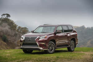 栗色Lexus GX SUV停放在草坡上，背景有山脈。 — MacBook Pro M3 壁紙