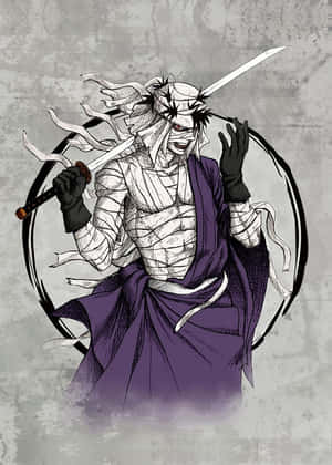一個身穿紫色長袍的蒙面武士在圓形框架中手持劍。 — 動漫惡魔 壁紙