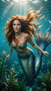 一位紅髮美人魚在海草附近優雅地在水下游泳。