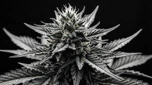 特寫一個被霜覆蓋的大麻花蕾，葉子上有露珠。