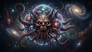宇宙恐怖生物，帶有觸手和發光球體，背景是銀河。