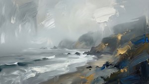 在霧濛濛的灰色天空下，以表現主義筆觸描繪的海岸懸崖和海洋波浪。