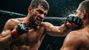 兩名男性拳手在MMA籠中交換強力一拳。