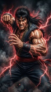 動漫戰士在黑暗風暴戰鬥姿勢中引導紅色閃電。