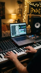 在舒適的家庭工作室中，有人用串燈和音頻設備彈奏鍵盤。