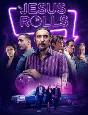 《The Jesus Rolls》的電影海報，角色在紫色霓虹燈下靠近一輛復古汽車。 — 午夜 壁紙