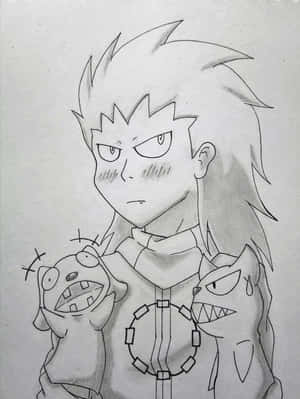 鉛筆素描中，一個憤怒的動漫男孩旁邊有兩個卡通怪物。 — HMD Terra M 壁紙