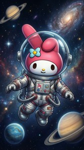 粉紅色兔子太空人在太空中漂浮於行星和星星之間。