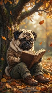 一隻戴眼鏡和穿毛衣的哈巴狗在落葉的樹下看書。