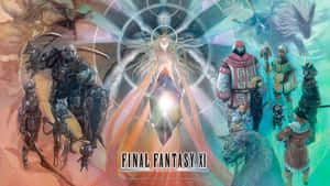 Final Fantasy XI 的角色和生物聚集在一個發光的神聖人物周圍。 — 最終幻想XV 壁紙