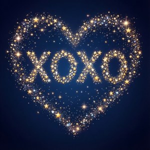 一個由星星組成的發光心形，裡面有 XOXO，背景是深藍色天空。