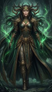 一位強大的黑暗精靈女王，身穿金色盔甲和綠色斗篷，被發光的魔法包圍。