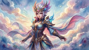 身穿華麗盔甲的奇幻戰士，以色彩繽紛的多雲天空為背景站立。