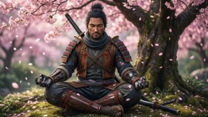 武士在櫻花下冥想，花瓣飄落