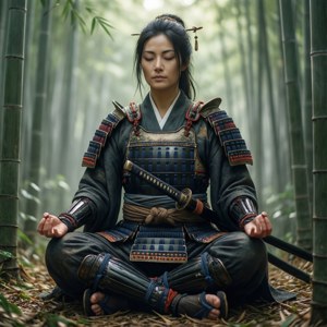 身穿全套盔甲的武士在竹林中冥想。