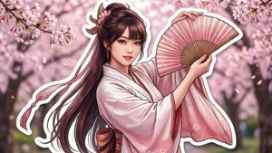 動漫女孩穿粉紅和服在櫻花下拿扇子。