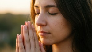 女子在夕陽下雙手合十平靜祈禱