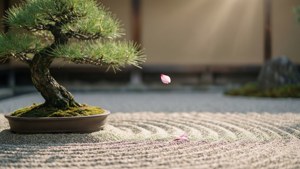 盆中的盆景松樹旁邊是耙過的礫石，粉紅色的花瓣在陽光中飄落。