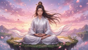 一個人在日落時分在浮島上冥想，周圍環繞著飄落的櫻花。