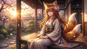 狐女穿和服坐在陽台，櫻花夕陽下