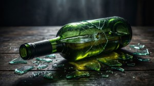 深色木質表面上破碎的綠色酒瓶及玻璃碎片。