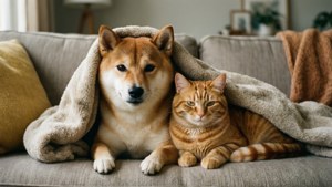 柴犬和薑黃色貓在沙發毛毯下一起休息。